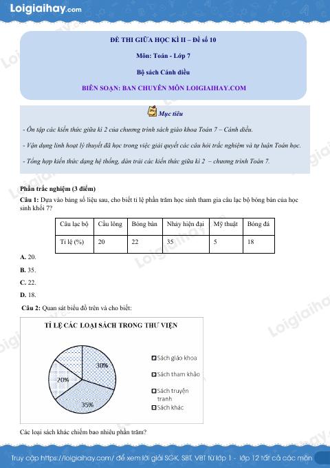 Đề thi giữa kì 2 Toán 7 Cánh diều - Đề số 10